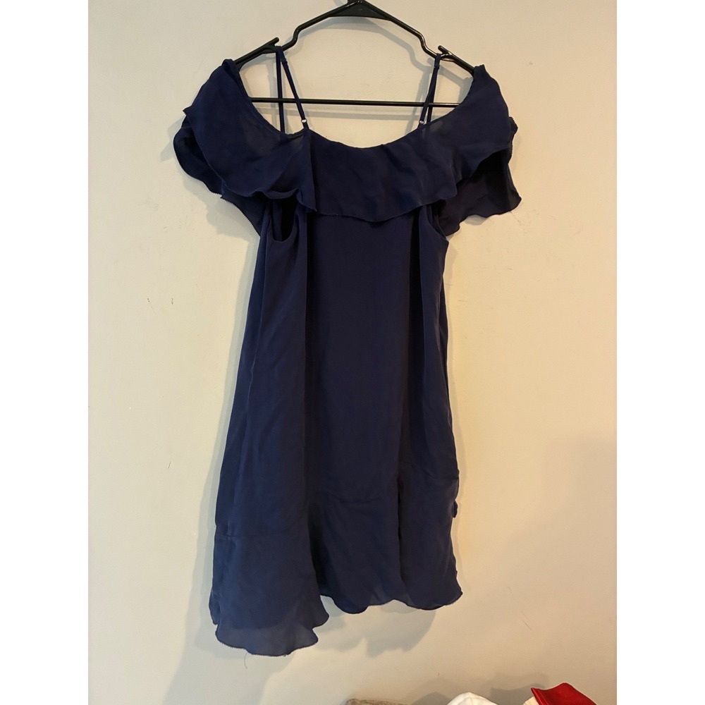 Parker Navy Blue 100% Silk Ruffle Cold Shoulder Mini Dress Small - Picture 6 of 7